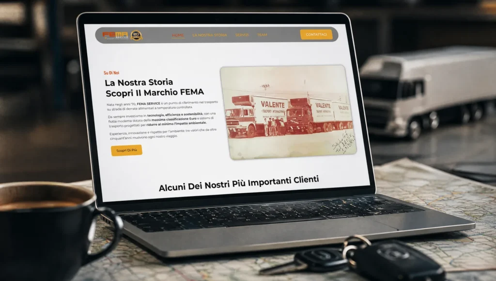 Sezione clienti del sito Fema Service su laptop