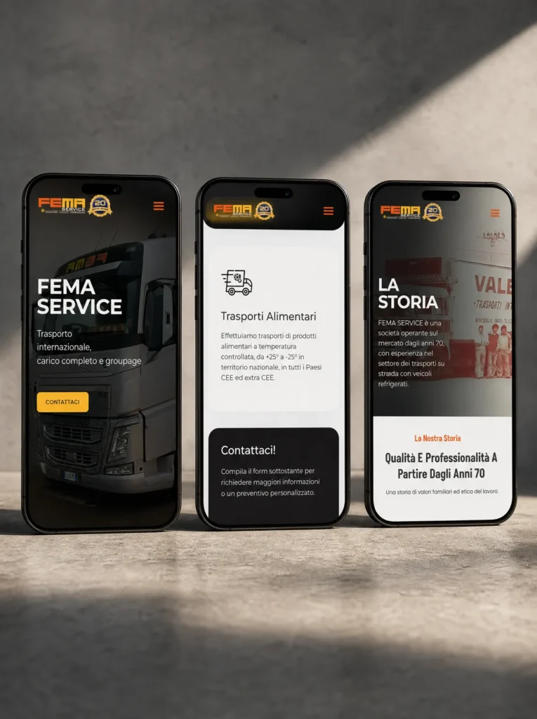 Pagine di Fema Service su tre smartphone