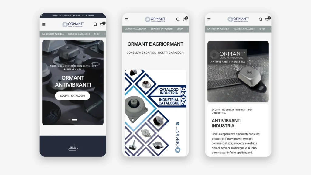 Pagine dello shop Ormant su tre smartphone