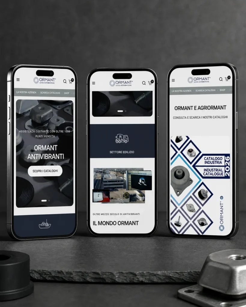 Home, azienda e cataloghi dello shop Ormant su tre smartphone