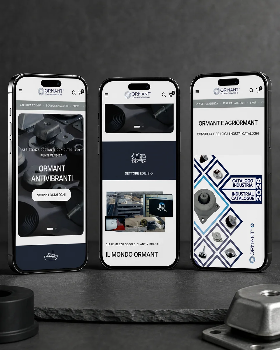 Home, azienda e cataloghi dello shop Ormant su tre smartphone