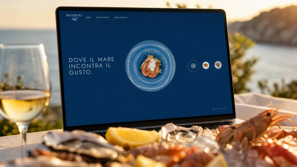 Sito Ricomincio da 3 su laptop con ostriche e vino